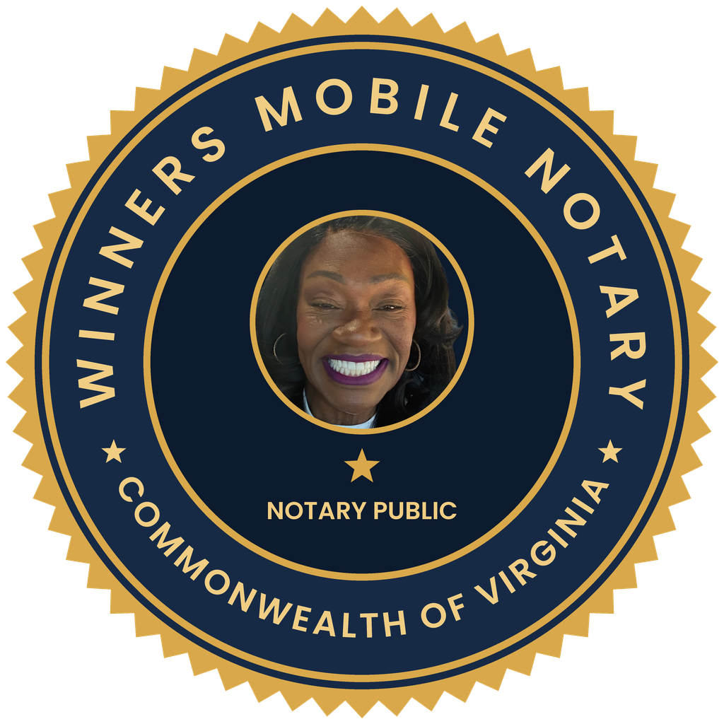 Winners Mobile Notary - gold notary seal logo with the owner's headshot